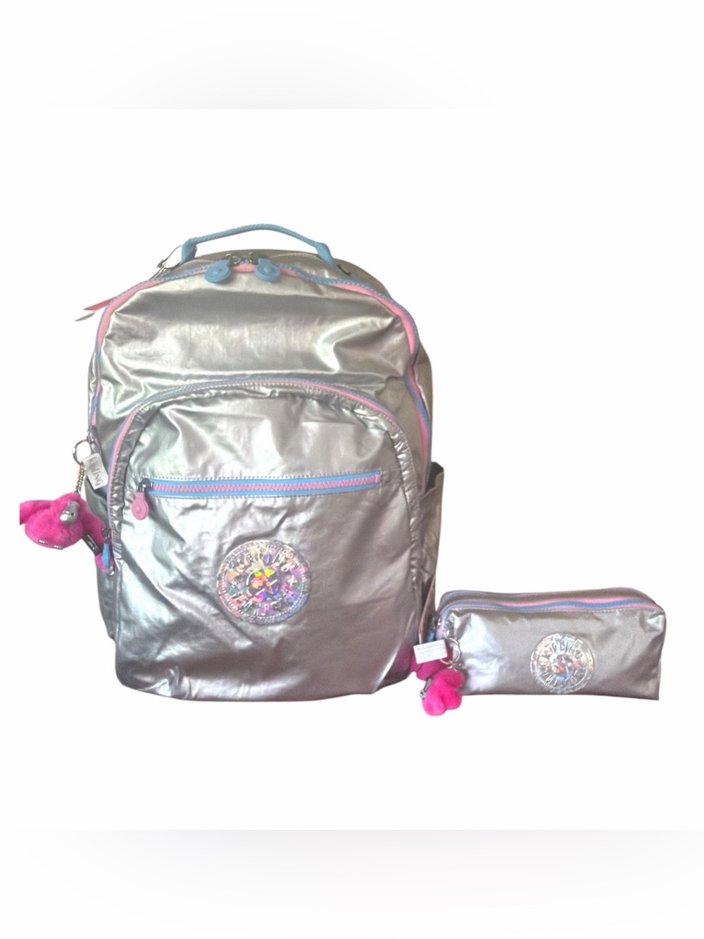 Kipling Seoul XL Backpack & Garri Pencil Case Set Silver Metallic Pop, School